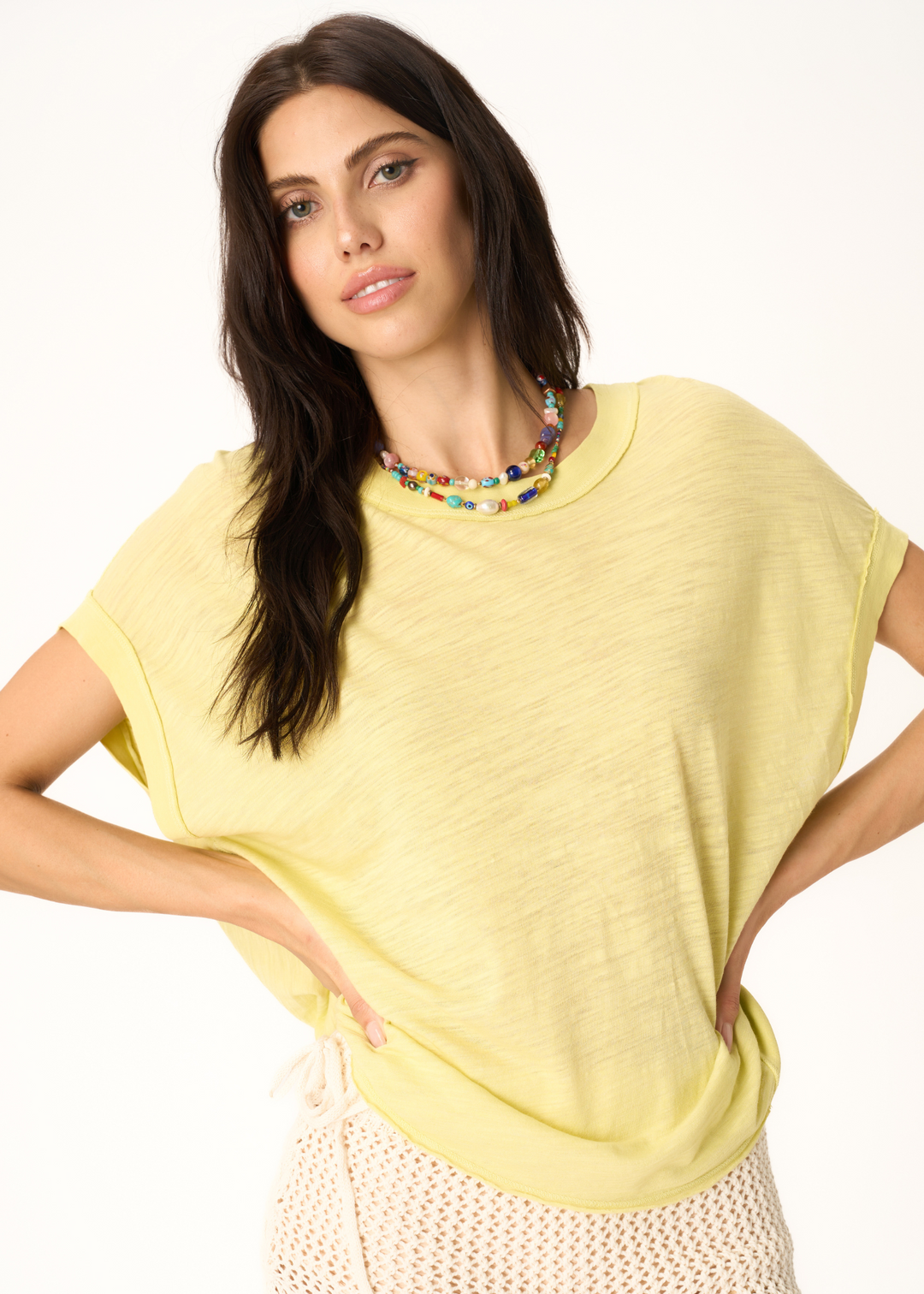 greenish yellow heather loose fit cap short sleeve tee shirt