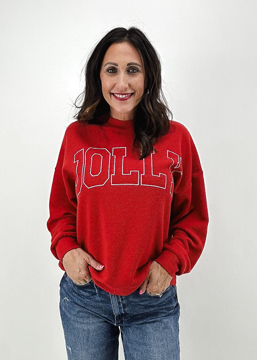 oversized textured red crew neck holiday sweatshirt with Jolly varsity letter chest graphic