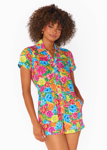 bright pink, yellow, blue, green floral collared short sleeve coverall romper