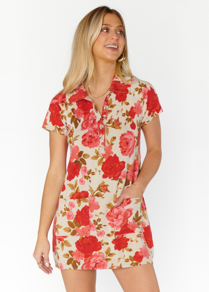 tan collared sweater dress with red and pink floral rose print 