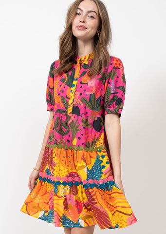 hot pink and orange floral and leaf print dress with cheetah art throughout, 1/2 sleeves, and a tiered mini skirt with sewn on hem details