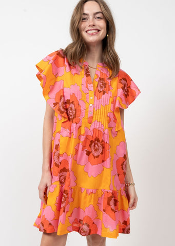 orange and pink floral mini dress with ruffle hem and ruffle sleeves, front buttons, and front pleats