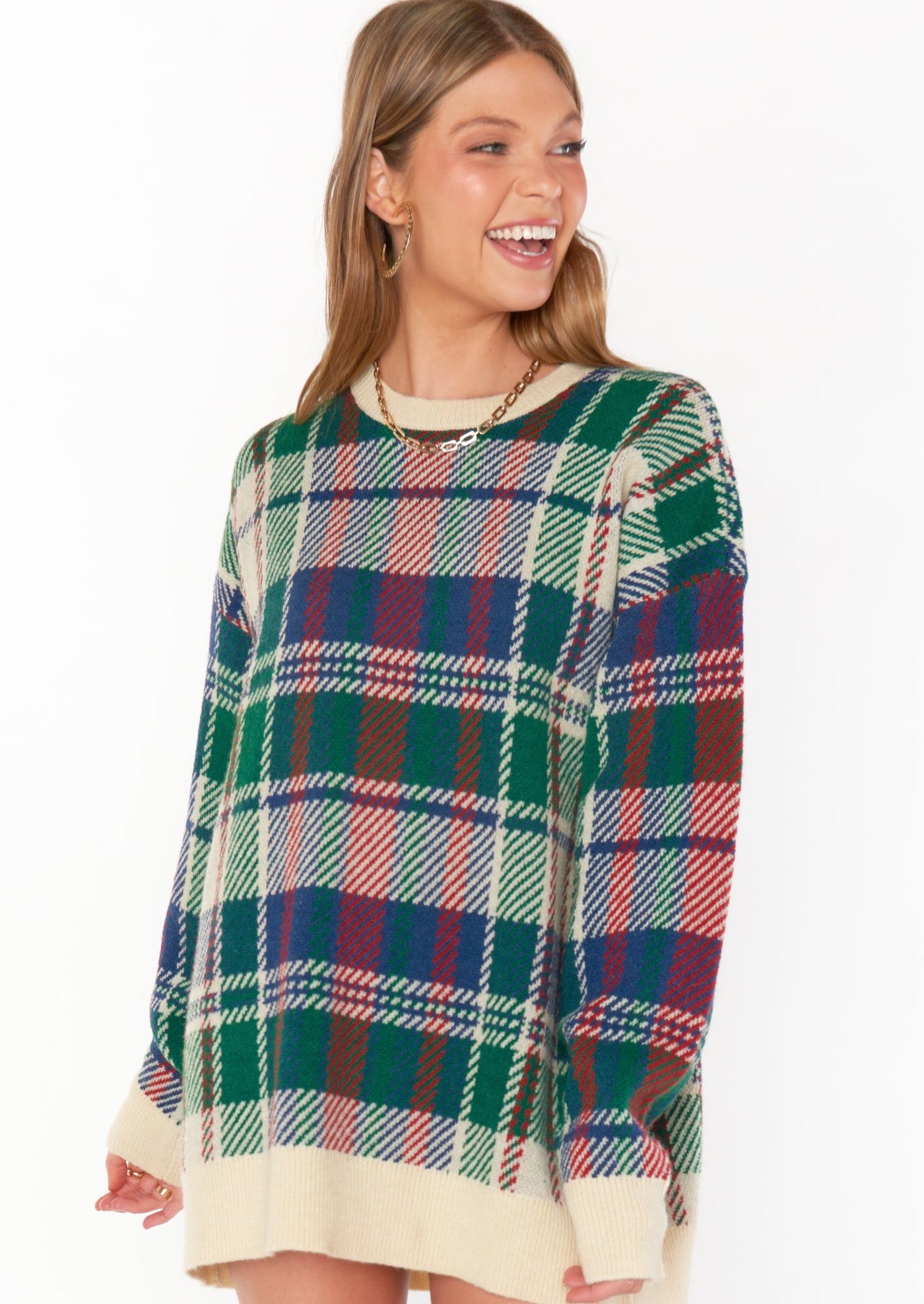 holiday green and red plaid sweater with cream hem, cuff, and collar details from Show Me Your Mumu