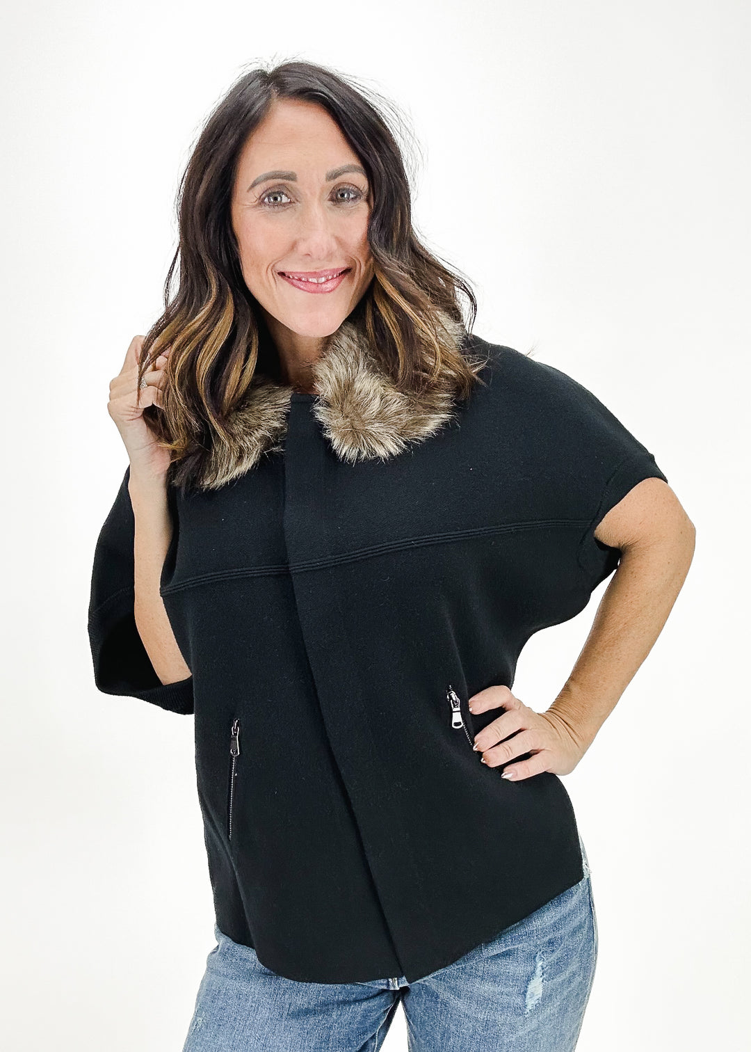 women's black knit short sleeve cardigan with faux fur collar