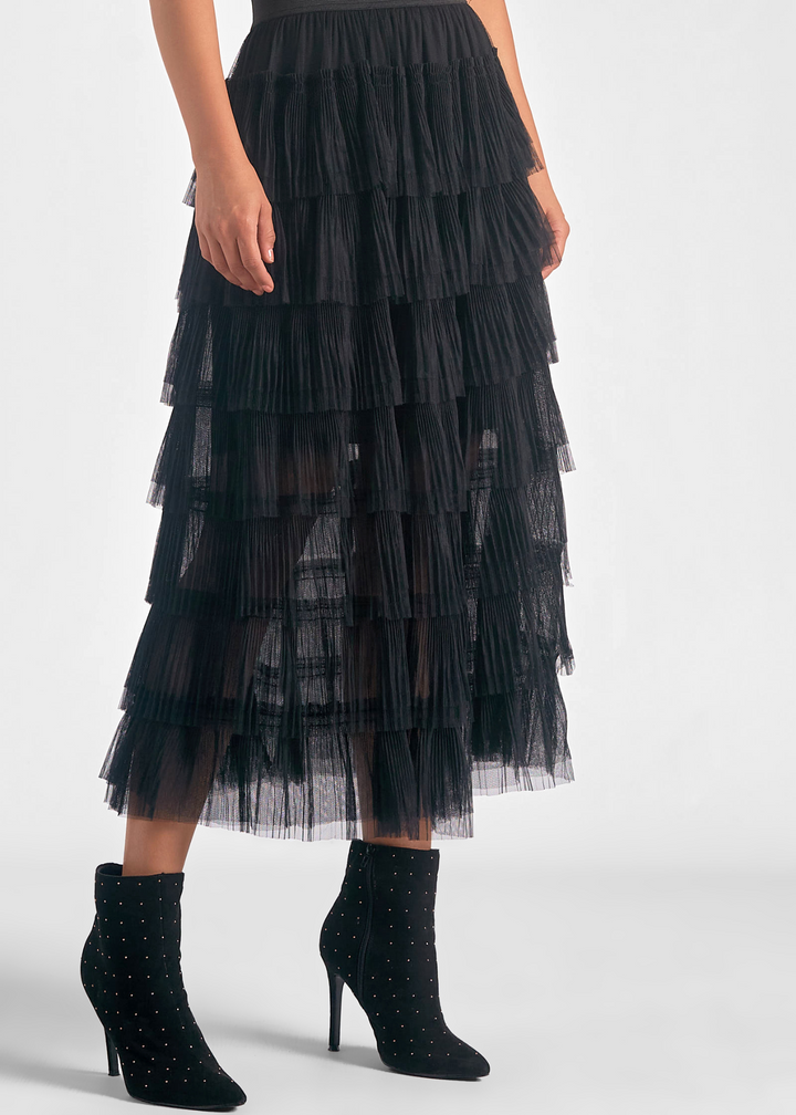 Women's black midi skirt with layered mesh ruffles for a chic, flowy silhouette