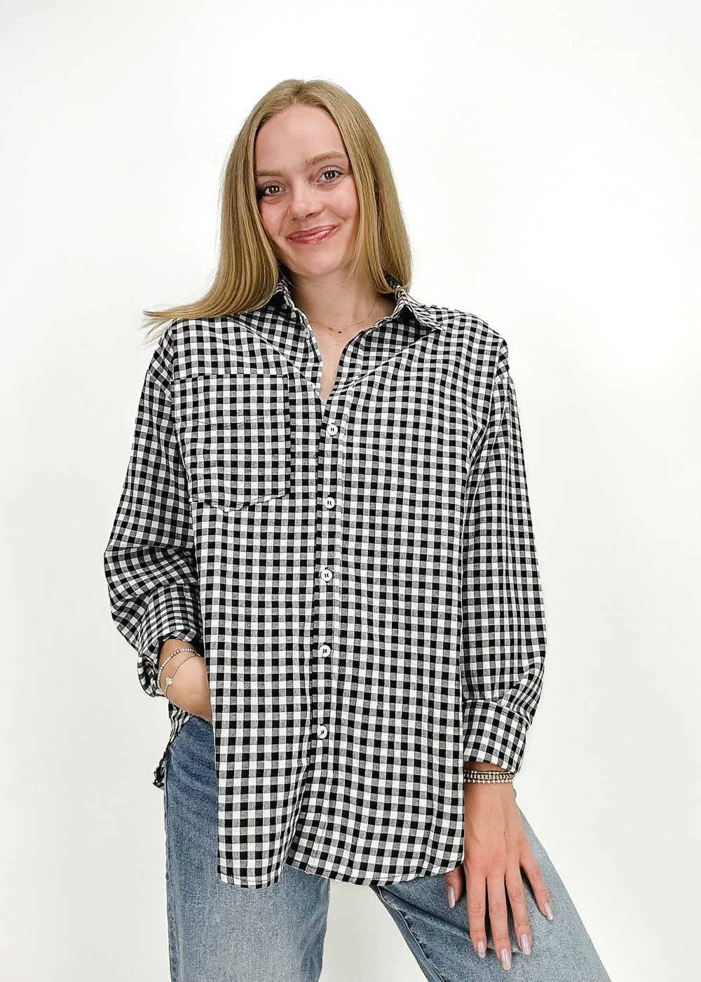 black and white checkered collared button down top for women