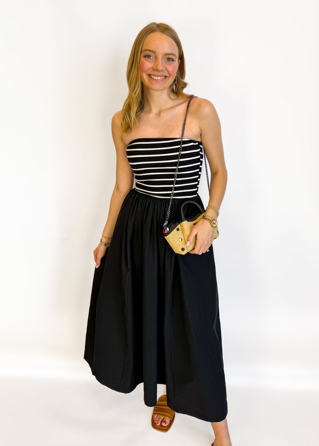 black and white striped bridesmaid dresses Striped Strapless Black Maxi Dress | Trendy Women's Clothing