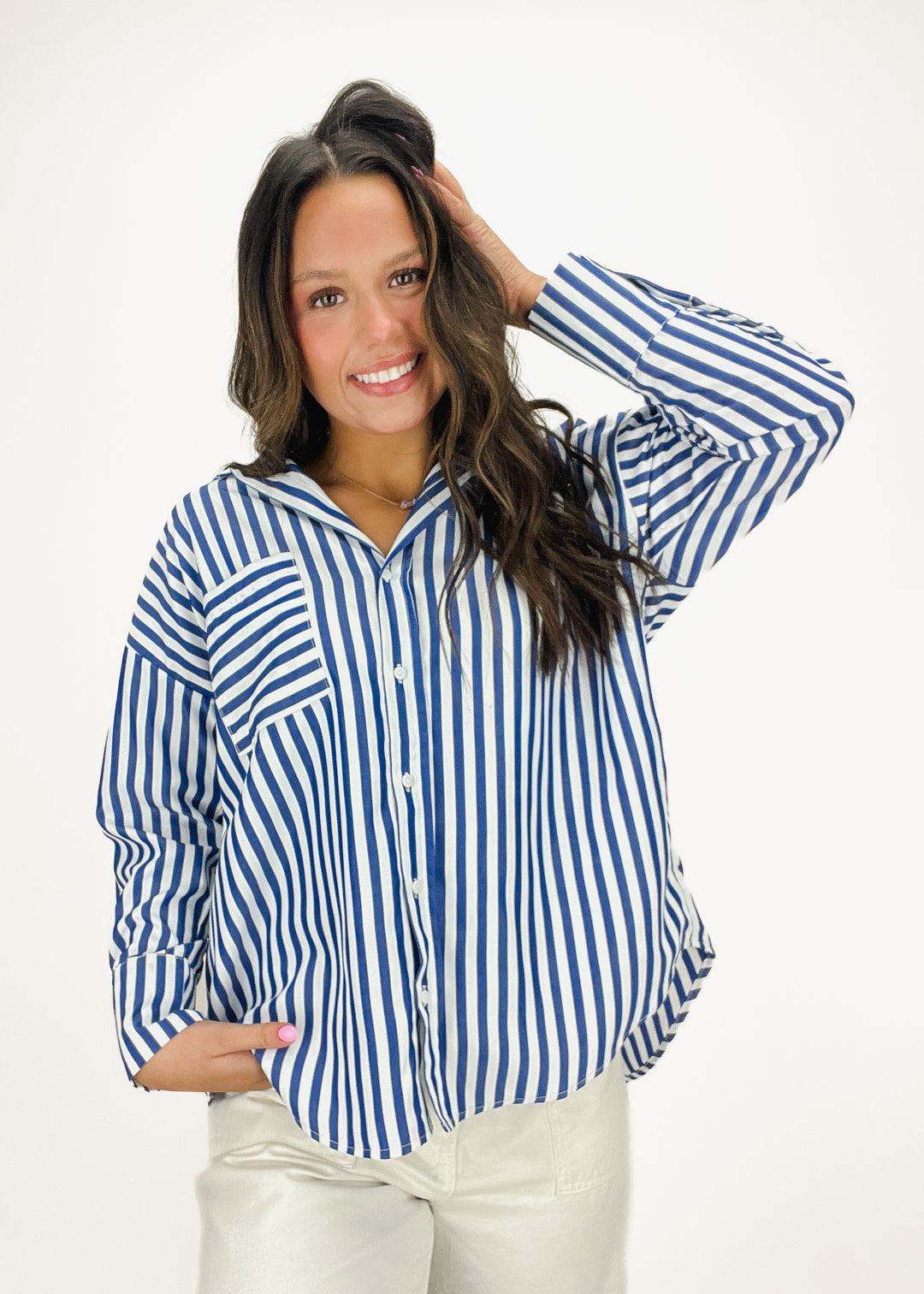 women's blue and white vertical stripe collared button down with chest pocket