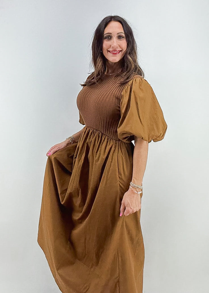 women's camel midi dress with ribbed chest and cotton peplum skirt and dramatic puff sleeves