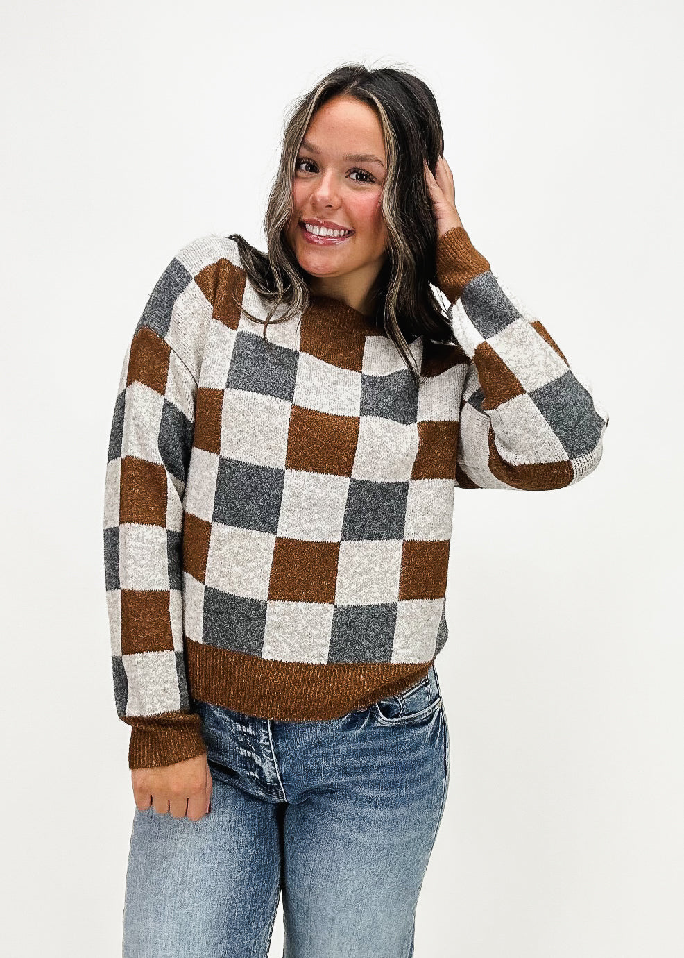 Ava Checkered Crew Neck Sweater