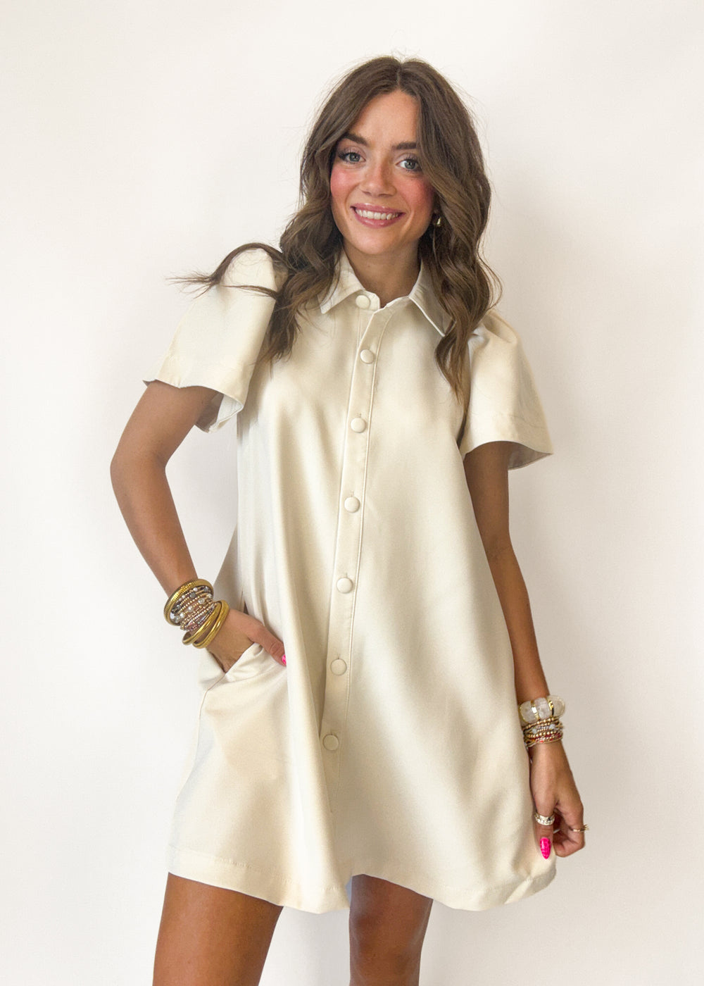 Women's Cream Button Down Mini Dress Cream / M