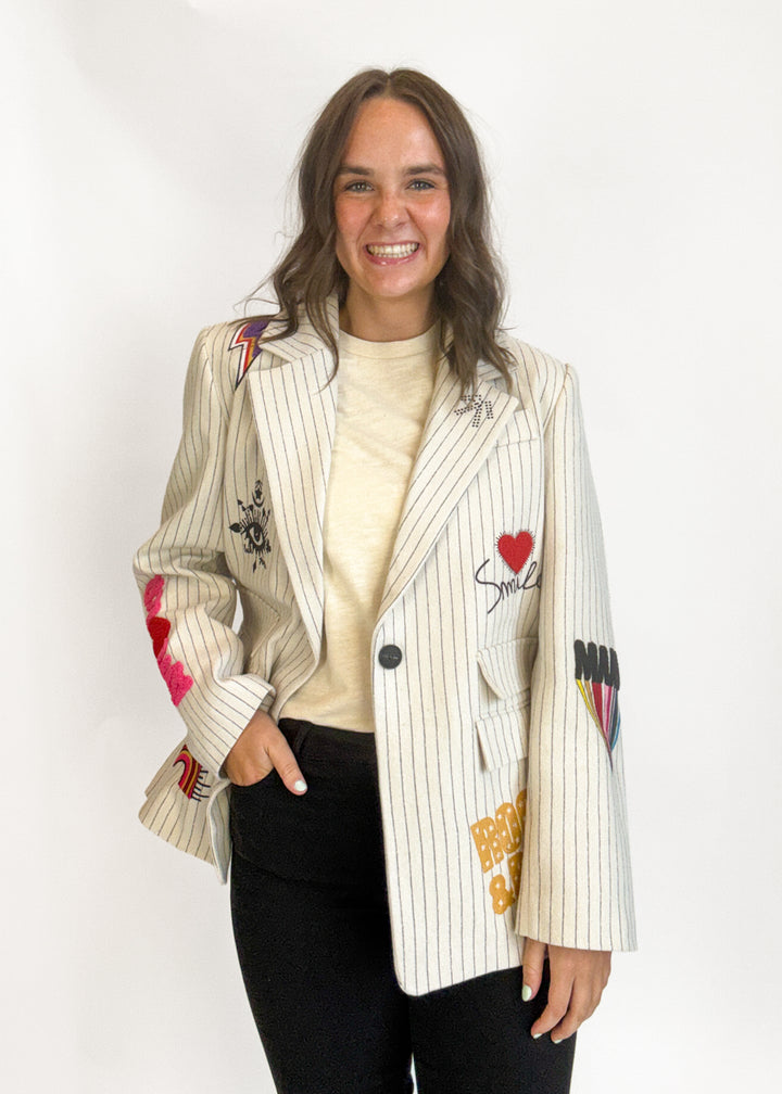 Tiffany Pinstripe Patch Blazer - White