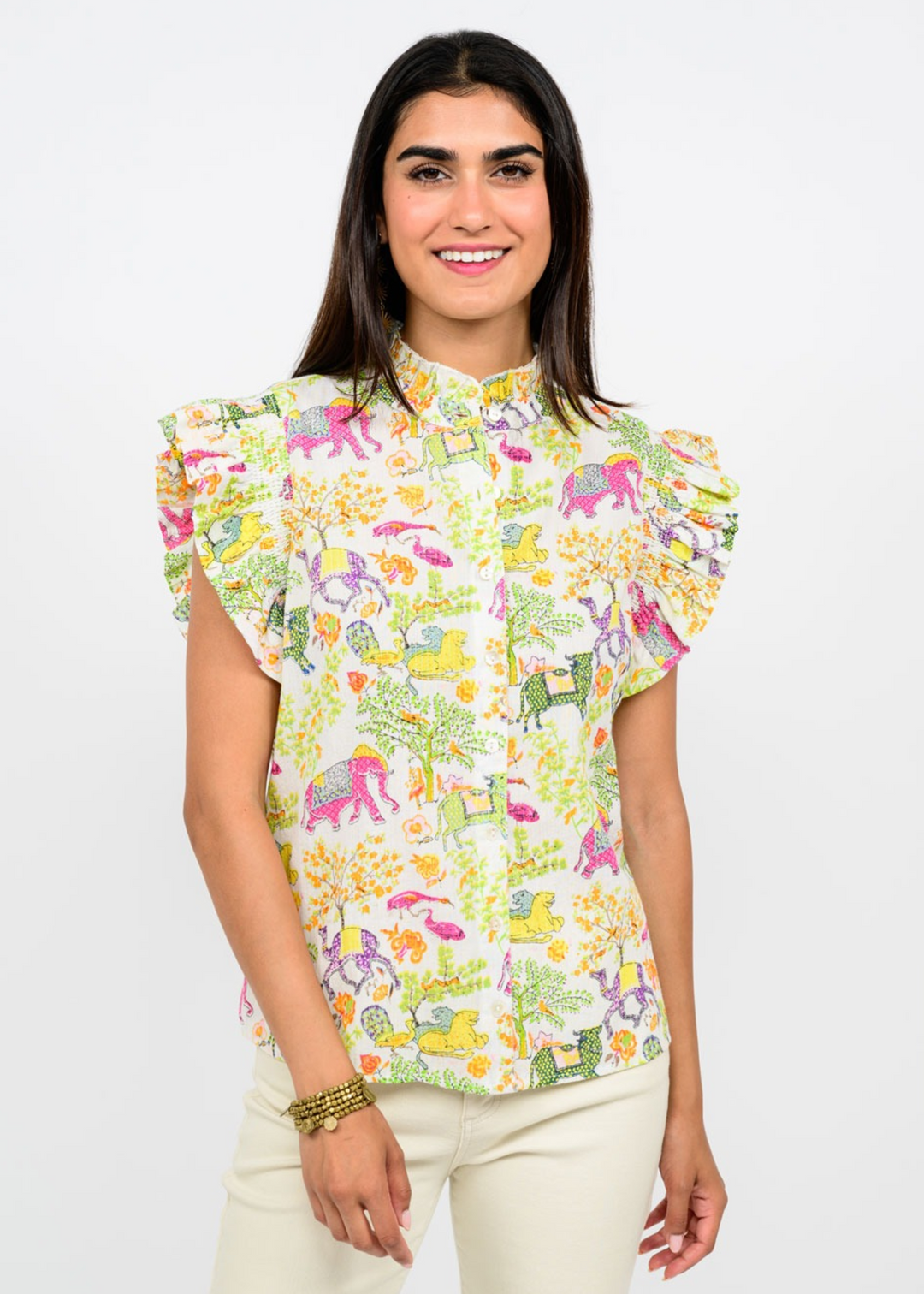 Pink, Green, Yellow, Blue, and Purple elephant and tree print ruffle sleeve button down top with a high neck