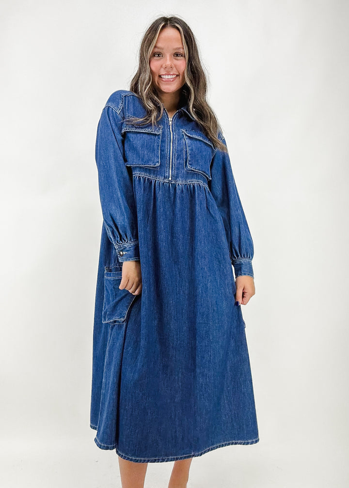 women's long sleeve cargo pocket half zip collared denim midi dress