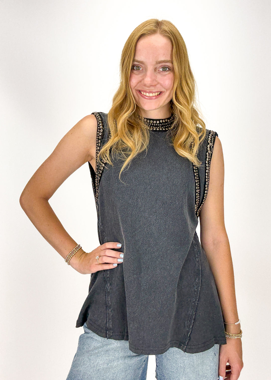 washed black sleeveless top with gold studs collar and sleeve details