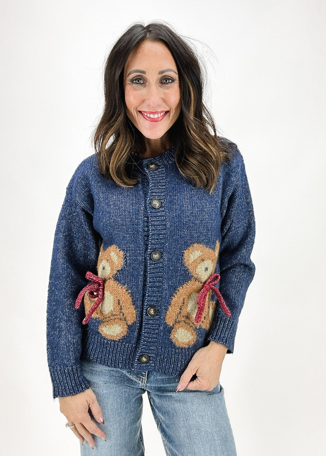 navy blue button front cardigan with vintage knit teddy bears wearing burgundy bow ties