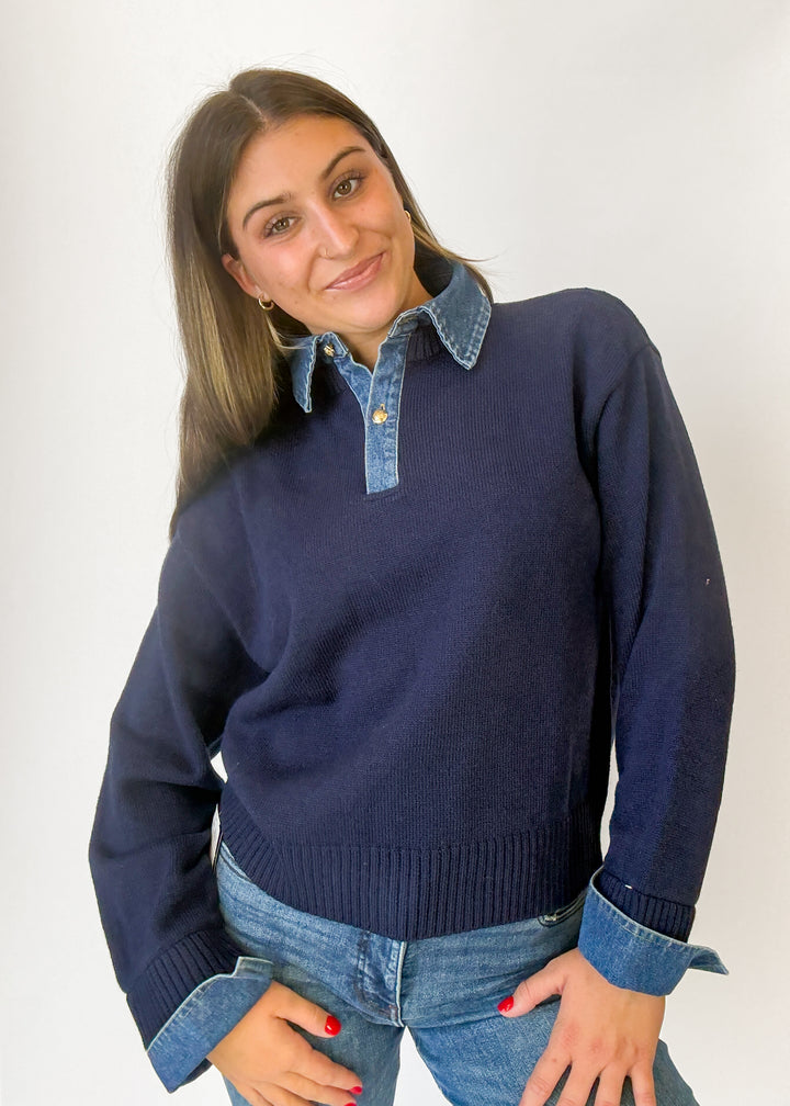 Elan Riley Denim Collared Top