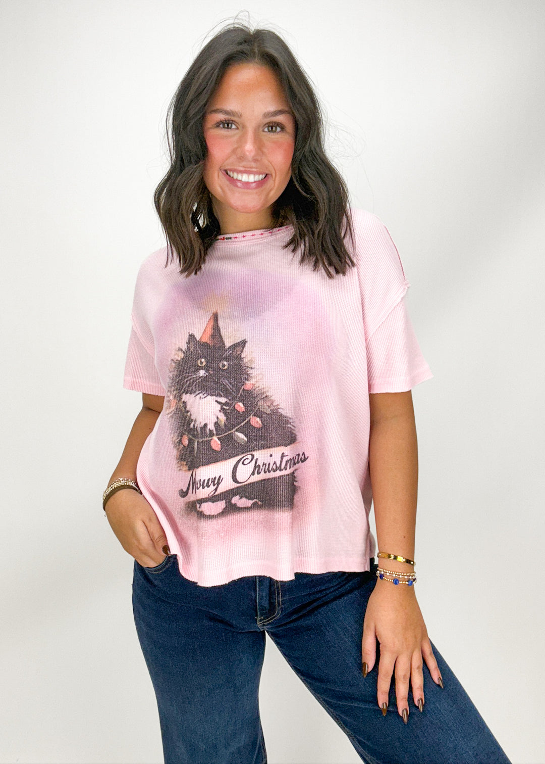 Free People Merry Meowy Tee - Pink Combo