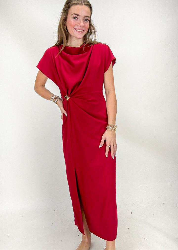Woman wearing a red midi dress 