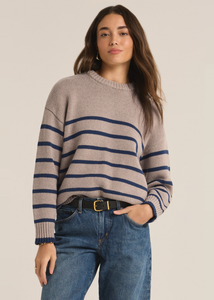 heather taupe crew neck oversized sweater with horizontal navy stripes