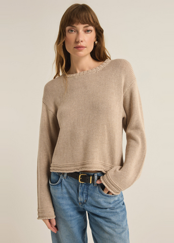 oatmeal heather fine knit sweater with textured trim stripe detail and roll hem