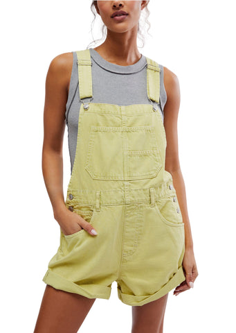 neon green short cuffed overalls with chest pockets 